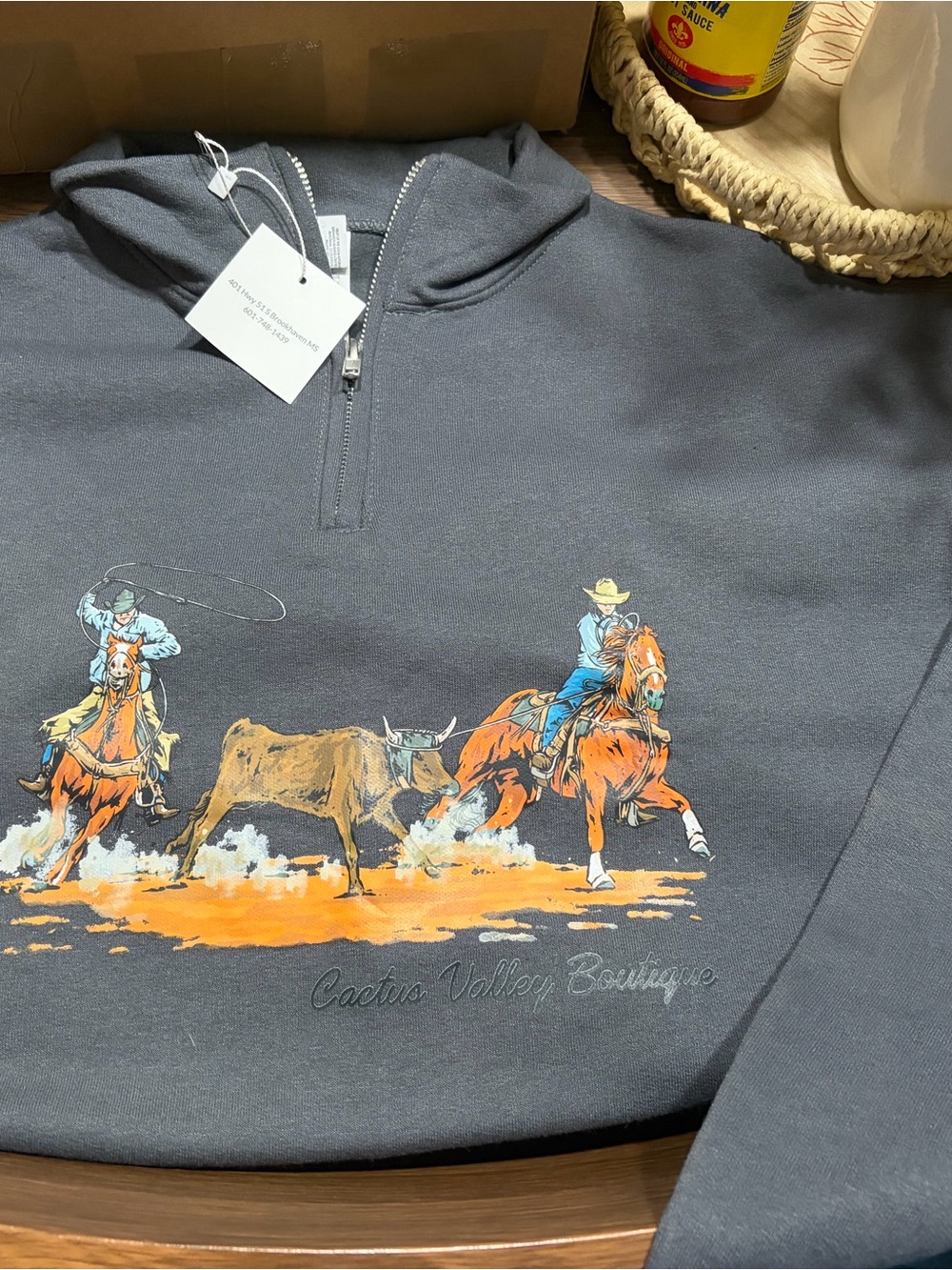 Women’s  Dark Gray Quarter-Zip Sweatshirt with Western Graphic